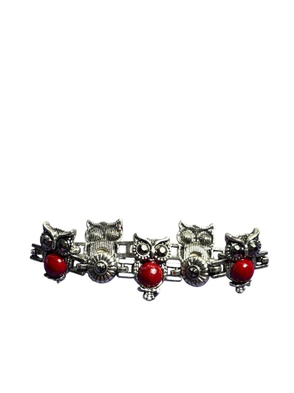 Vintage Silvertone Owl Bracelet Red Cabochons Grey Rhinestone Eyes 5.75 inches